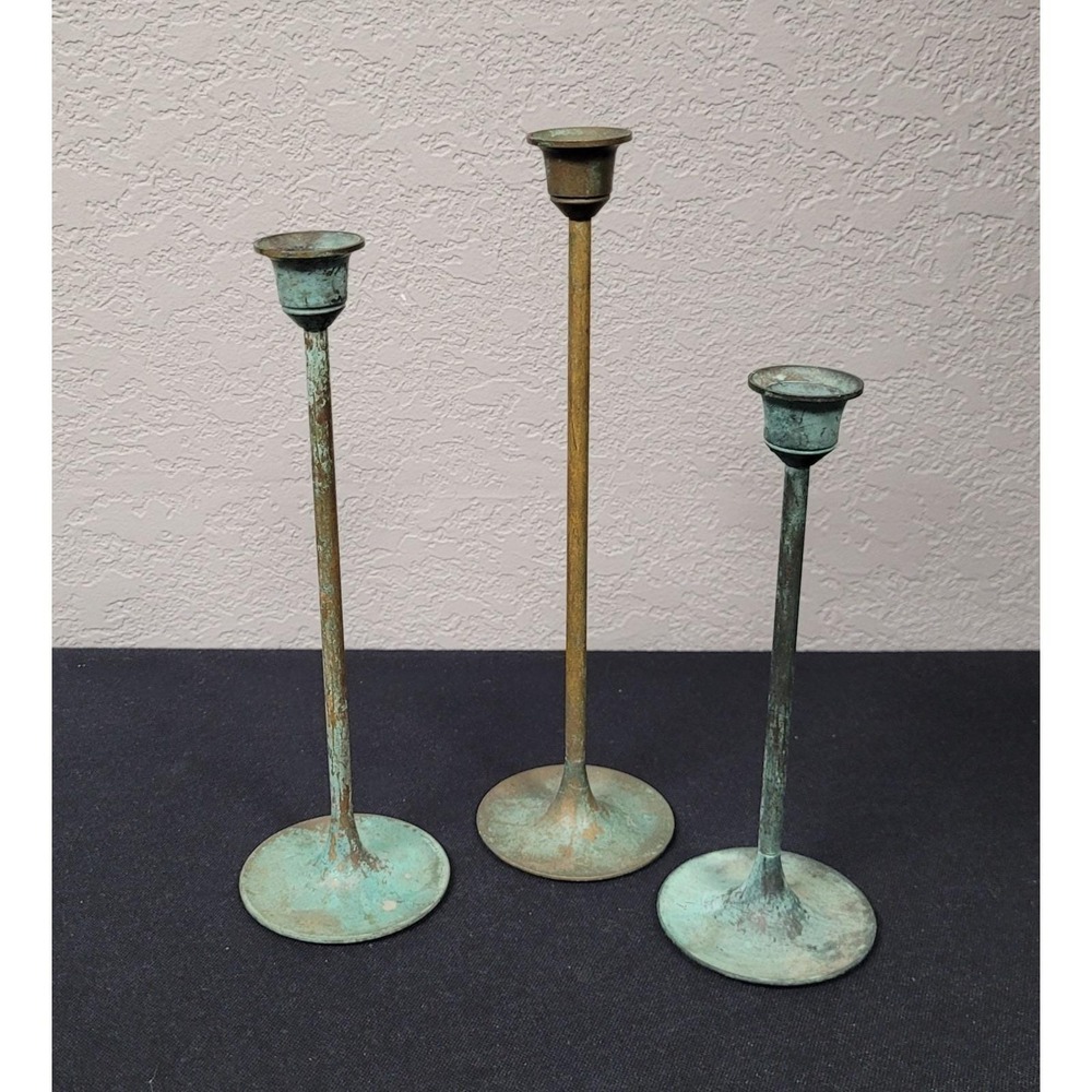 Vintage 1980s Postmodern (MCM) Verdigris Patina Brass Taper Candlesticks